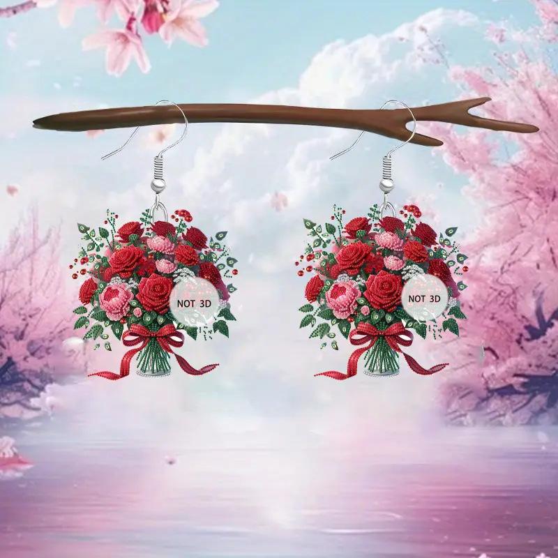 Серьги в виде букета цветов креативного дизайна красный